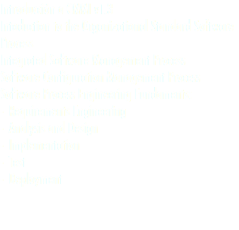 Introducción a CMMI v1.3
Intoduction to the Organizational Standard Software Process
Integrated Software Management Process
Software Configuration Management Process
Software Process Engineering Fundaments:
- Requirements Engineering
- Analysis and Design
- Implementation
- Test
- Deployment