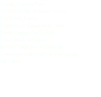 Training Program Process
Software Quality Assurance Process
Peer Review Process
Requirements Management Process
Product Engineering LifeCycle
Formación de Instructores
Modelos Estadísticos de Predicción
Generación de Materiales de Capacitación
Entre otros...