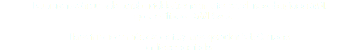 Es una organización que ha demostrado metodologías y herramientas para el proceso de aplicación CMMI. Empresa certificada en CMMI Nivel 5. Hemos trabajado con más de 35 clientes y hemos ejecutado más de 40 misiones en diversas capacidades.